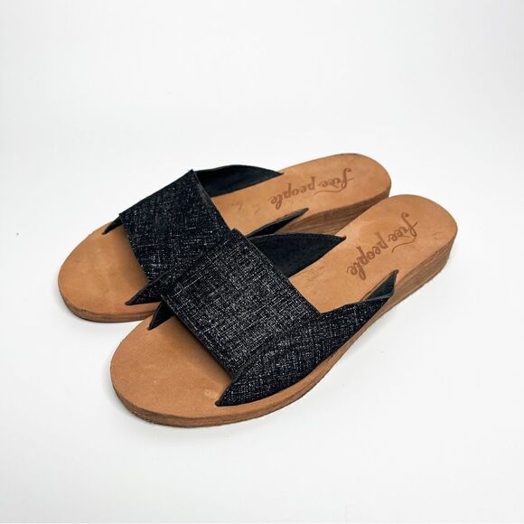 🍋 Free People • Women’s Day Bird Mini-Wedge Slide Sandals inShimmery Black 36EU - Picture 2 of 9